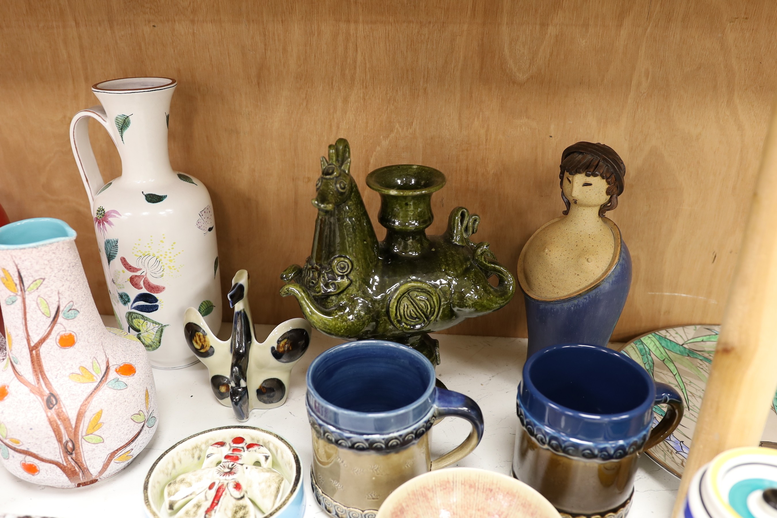 A Scandinavian Mari Simmulson rectangular figural pottery dish, with other assorted Scandinavian and European ceramics, including three Susie Cooper plates, dish: 18cms wide x 27cms high.